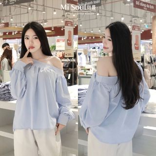 Áo trễ vai dài tay, áo lệch vai cổ áo may đáp vai dúm măng sét 2 cúc Hàn Quốc tiểu thư Misoul 541