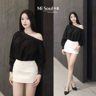 Áo trễ vai dài tay, áo lệch vai cổ áo may đáp vai dúm măng sét 2 cúc Hàn Quốc tiểu thư Misoul 541