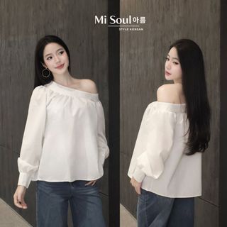 Áo trễ vai dài tay, áo lệch vai cổ áo may đáp vai dúm măng sét 2 cúc Hàn Quốc tiểu thư Misoul 541