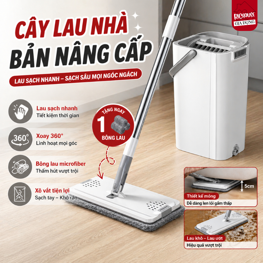 Cây Lau Nhà Thông Minh Bản Nâng Cấp, Bộ Lau Sàn Tự Vắt Có Xô, Gạt Nước Nhanh, Tặng Kèm Bông Lau