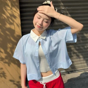 Áo Sơ Mi Croptop Tay Ngắn, Form Rộng Sọc Nhẹ, Phong Cách Hàn Quốc - SM001 - VIESOUL