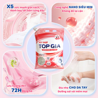 Bột Giặt TOPGIA Hương Nước Hoa Pháp Hạt Nano Kháng Cặn, Thơm Dịu, Đánh Bay Vết Bẩn, An Toàn Da Tay
