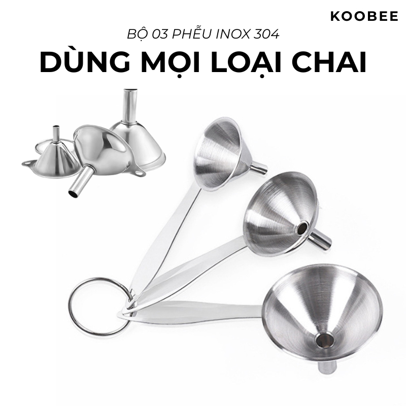 Bộ 3 Phễu Inox 304 KOOBEE – Phễu Rót Chất Lỏng, Dầu Ăn, Gia Vị, Nước Mắm, Chịu Nhiệt Không Gỉ Cao Cấp (NB65)