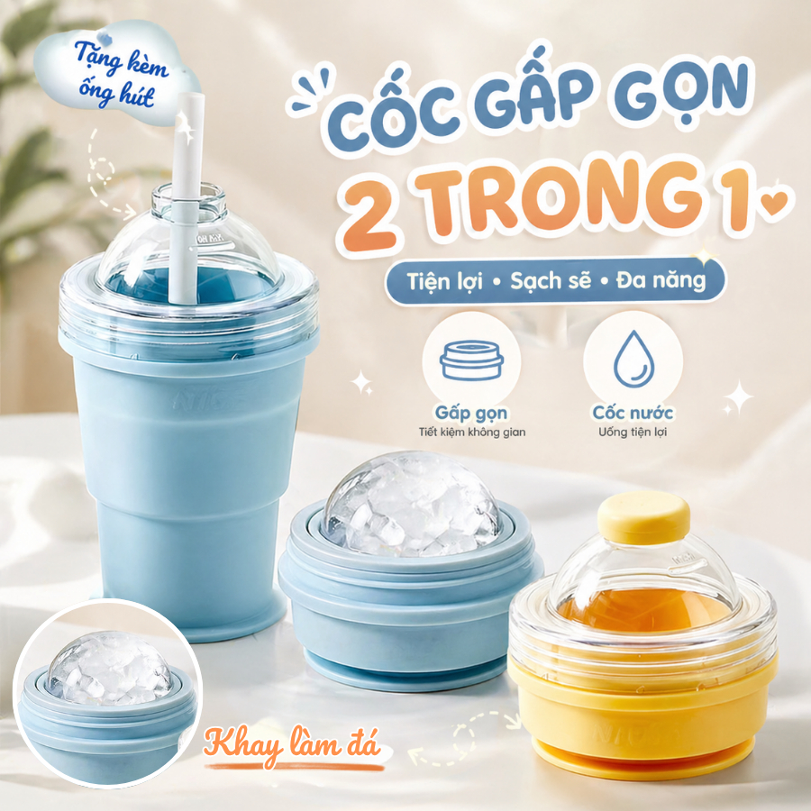 Cốc Gấp Gọn 2 Trong 1, Ly Silicon Gấp Gọn Kèm Ống Hút, Tích Hợp Làm Đá Viên, Nắp Kín Chống Đổ