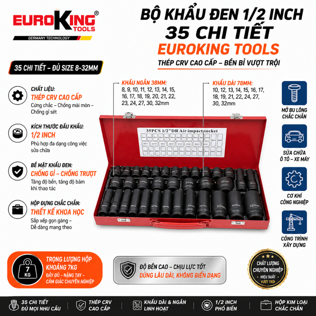 Bộ Khẩu Đen 1/2 Inch 35 Chi Tiết EUROKING TOOLS – Tuýp Mở Bu Lông Thép CRV Cao Cấp, Khẩu Dài & Ngắn