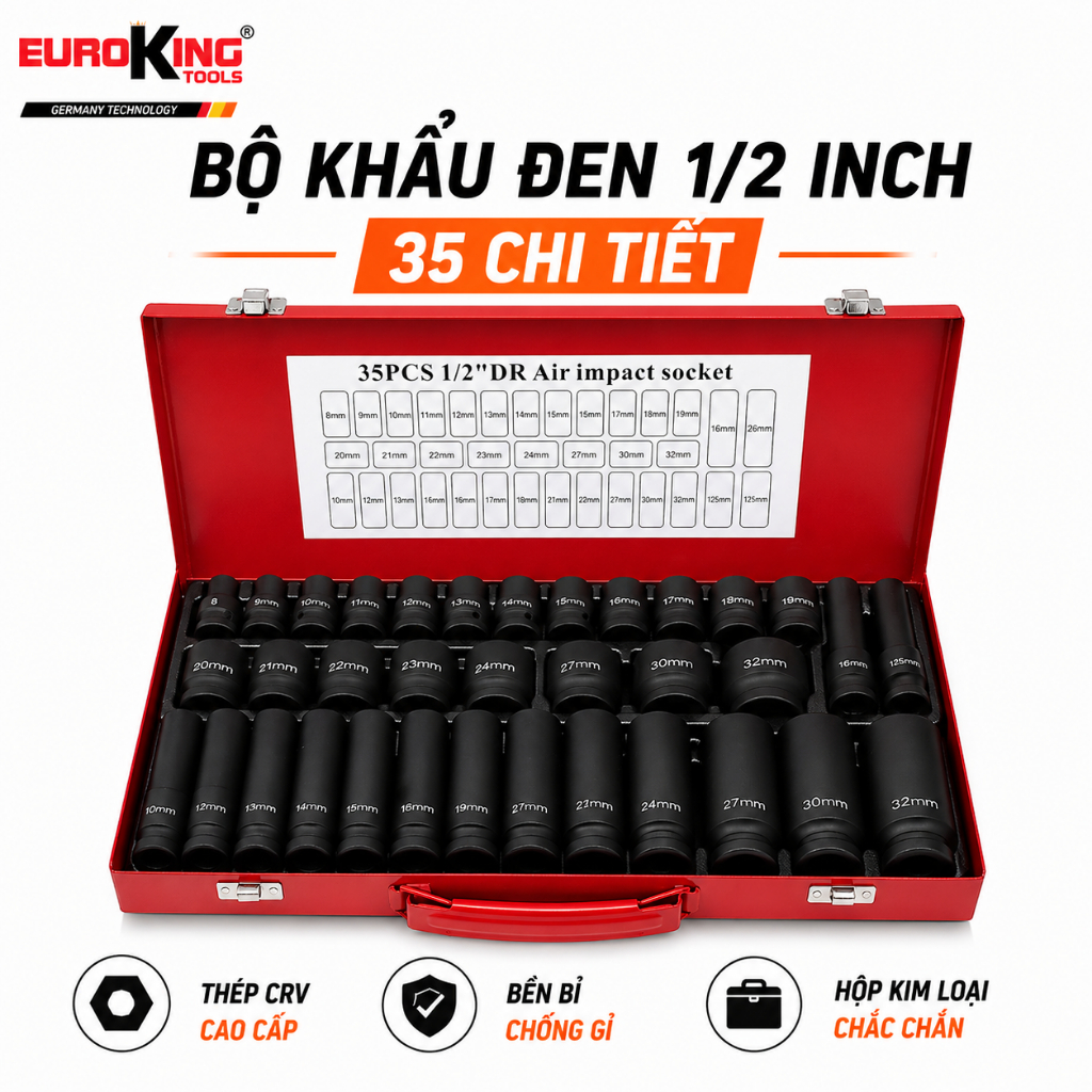 Bộ Khẩu Đen 1/2 Inch 35 Chi Tiết EUROKING TOOLS – Tuýp Mở Bu Lông Thép CRV Cao Cấp, Khẩu Dài & Ngắn