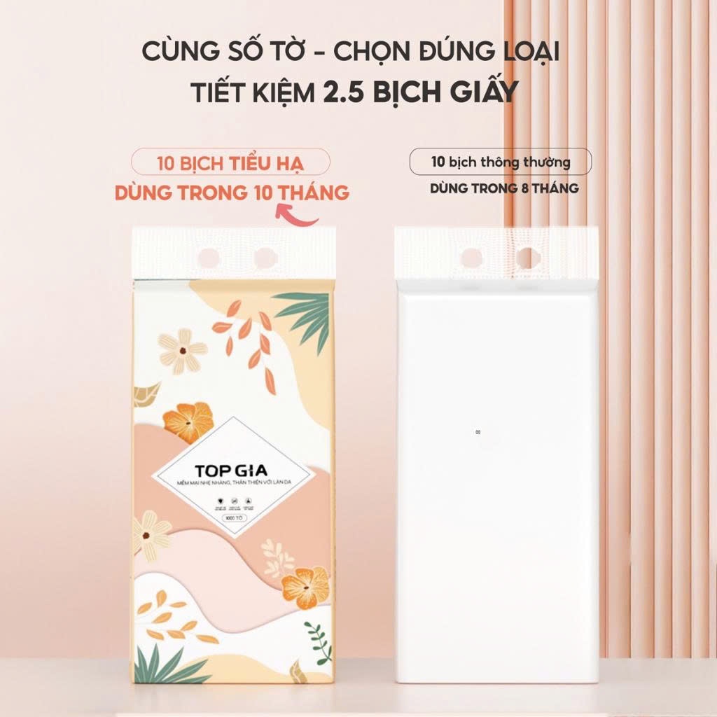 [TẶNG BÌNH ĐỰNG NƯỚC TỦ LẠNH CÓ VÒI] Thùng 5 bịch Khăn giấy Tiểu hạ Topgia 1000 tờ 4 lớp dày dặn
