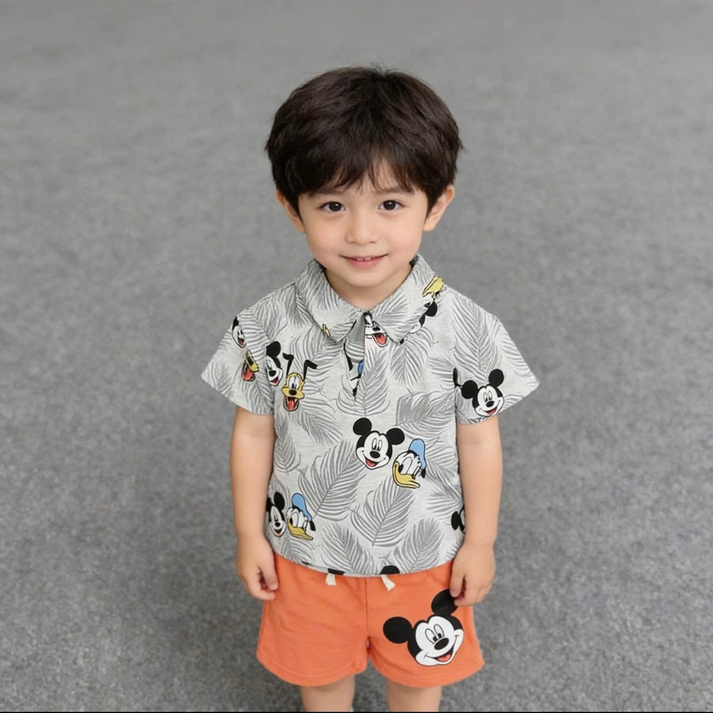 Bộ đồ polo bé trai xuất dư 0903L họa tiết xinh xắn – set quần áo trẻ em nam size 1-6Y (10-25kg)