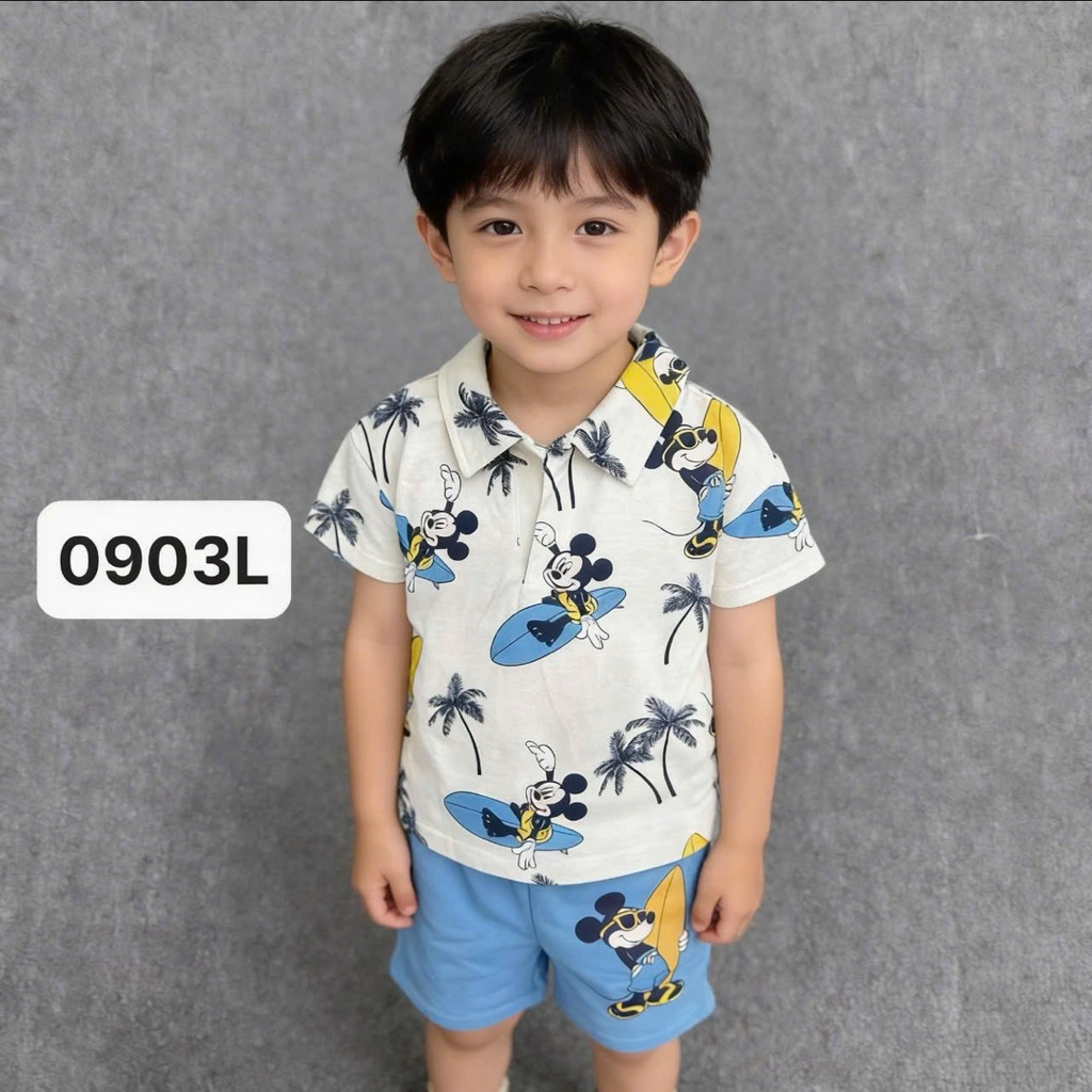 Bộ đồ polo bé trai xuất dư 0903L họa tiết xinh xắn – set quần áo trẻ em nam size 1-6Y (10-25kg)