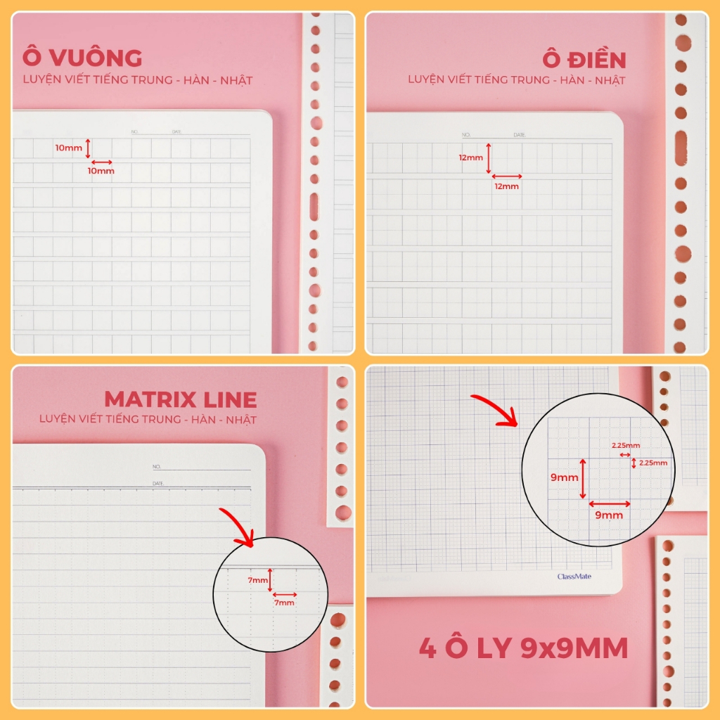 [71K Tặg Hộp Bút Gel] 100 Tờ Giấy Refill Classmate Viết Chữ Trung Hàn Nhật 100GSM Tráng Keo Ruột Sổ Còng B5 Đủ Loại Dòng