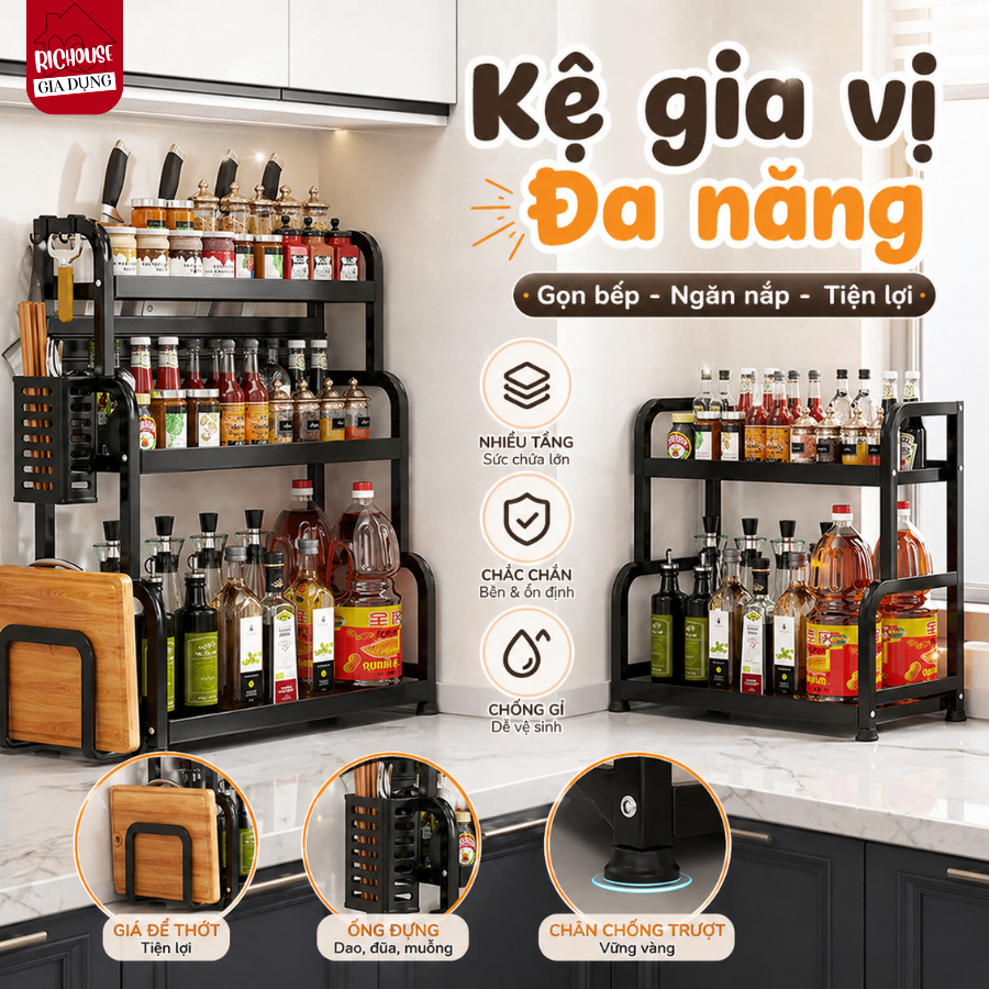 Kệ Đựng Gia Vị Nhà Bếp 2-3 Tầng Bằng Kim Loại, Kệ Để Chai Lọ Gia Vị Dầu Ăn Gọn Gàng Cho Nhà Bếp
