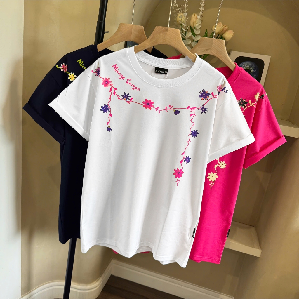 Áo Thun Hoa Dây Cổ Basic, Chất Cotton Mềm Mịn, Có Kèm Hình Thật.