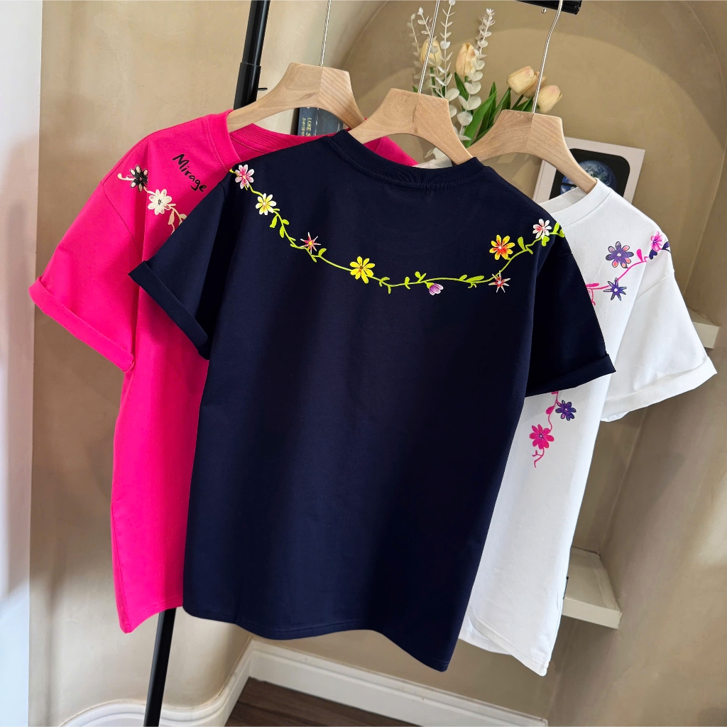 Áo Thun Hoa Dây Cổ Basic, Chất Cotton Mềm Mịn, Có Kèm Hình Thật.
