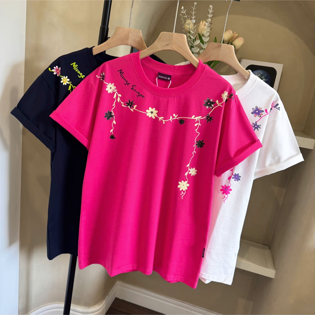 Áo Thun Hoa Dây Cổ Basic, Chất Cotton Mềm Mịn, Có Kèm Hình Thật.