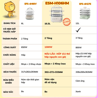 Nồi hấp điện 2 tầng kèm lẩu Bear ESM-H106HM, Công Suất 1300W, Chống dính khay inox,Bảo Hành 18 Tháng
