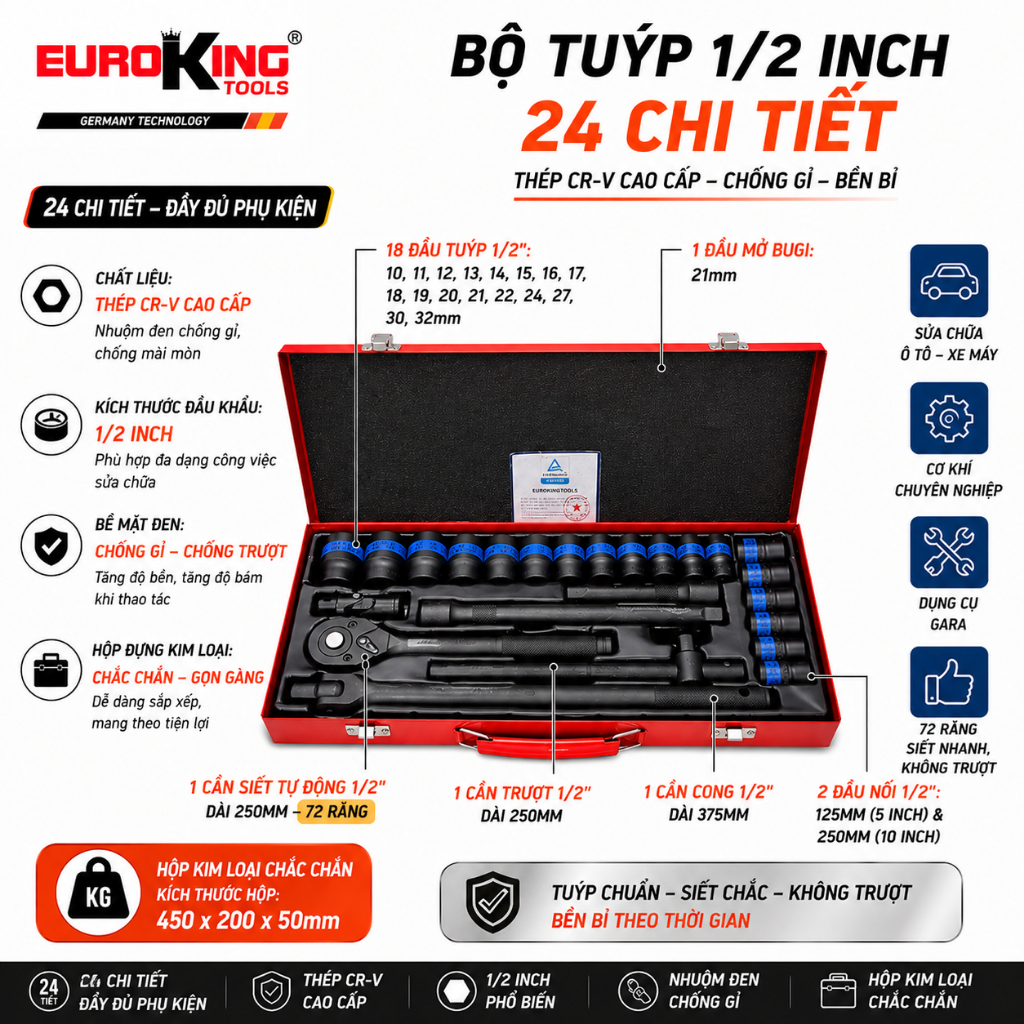 Bộ Tuýp 1/2 Inch 24 Chi Tiết Thép CRV Cao Cấp – Bộ Khẩu Đen Sửa Chữa Ô Tô Xe Máy Euroking
