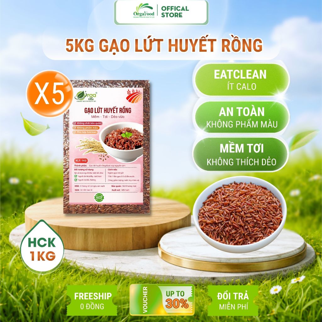 5kg Gạo lứt huyết rồng Orgafood túi cho người ăn kiêng, giảm cân, tiểu đường