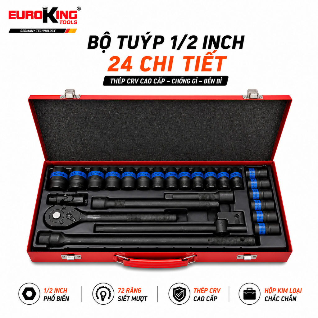 Bộ Tuýp 1/2 Inch 24 Chi Tiết Thép CRV Cao Cấp – Bộ Khẩu Đen Sửa Chữa Ô Tô Xe Máy Euroking
