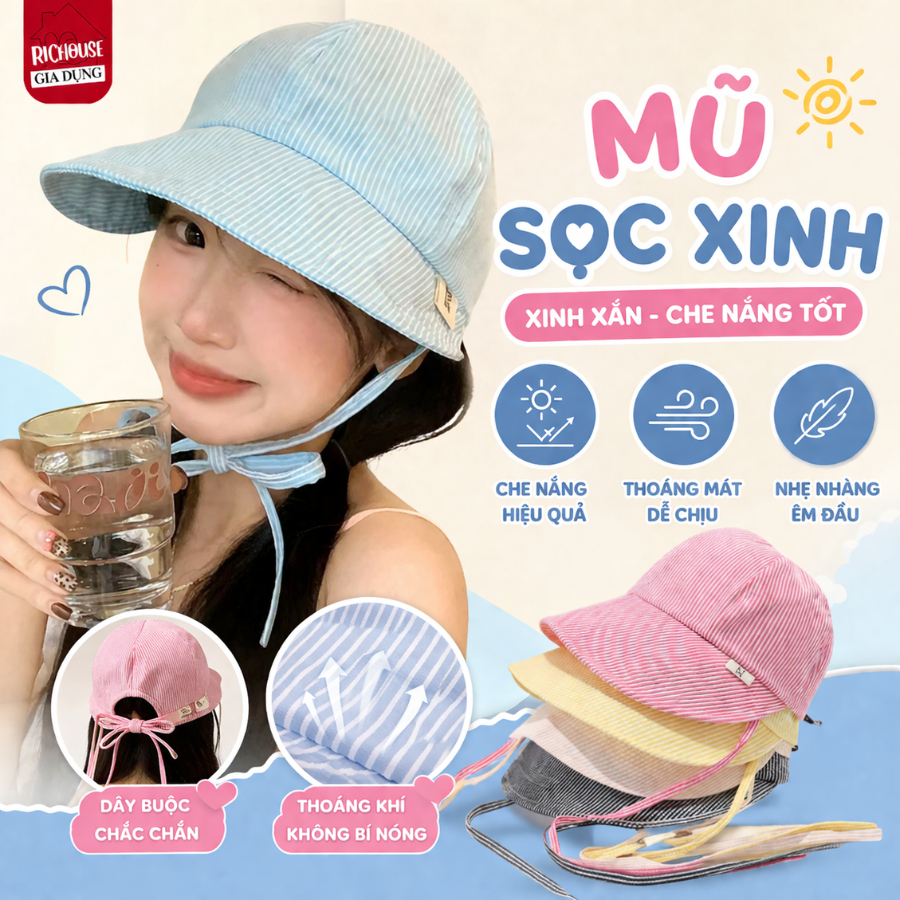 Mũ Bucket Nữ Kẻ Sọc Pastel Có Dây Buộc Phong Cách Hàn Quốc Chống Nắng Nhẹ Thời Trang Mùa Hè