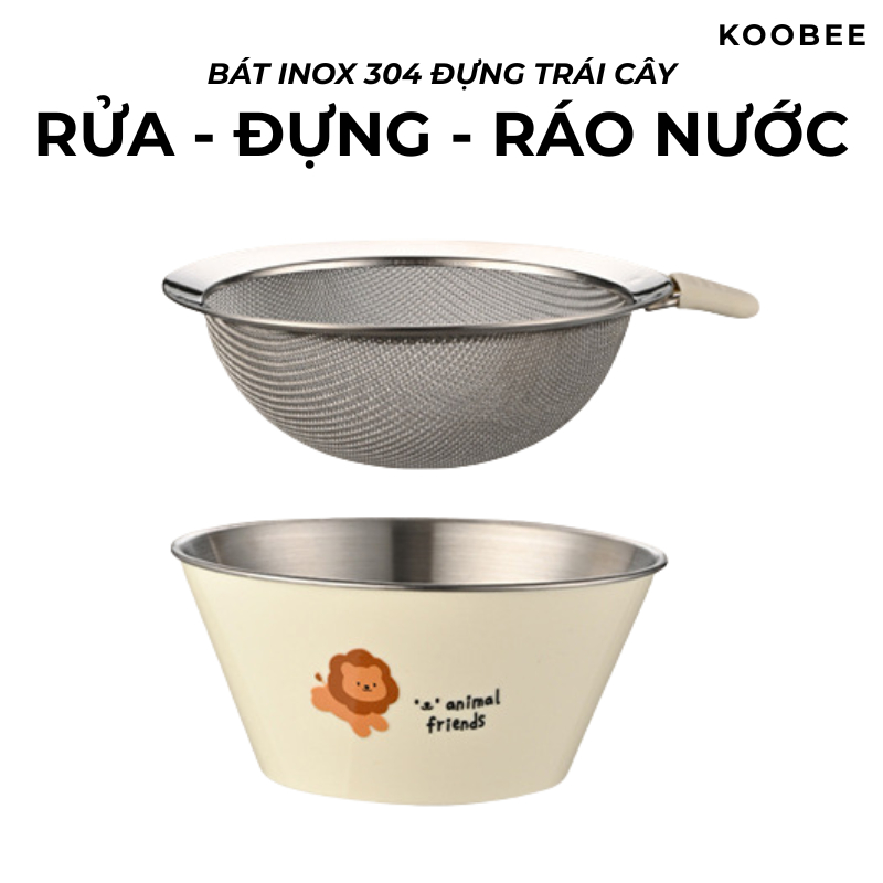 Bát Đựng Trái Cây Inox 304 + Rây Lọc Tay Cầm Silicon – Dung Tích 650ml – Màu Kem Hàn Quốc KOOBEE | 323