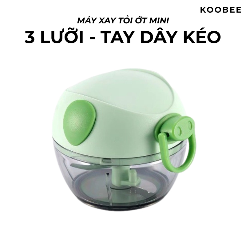 Máy xay tỏi ớt thực phẩm mini 3 lưỡi cầm tay dây kéo màu xanh đa năng tiện lợi | 007
