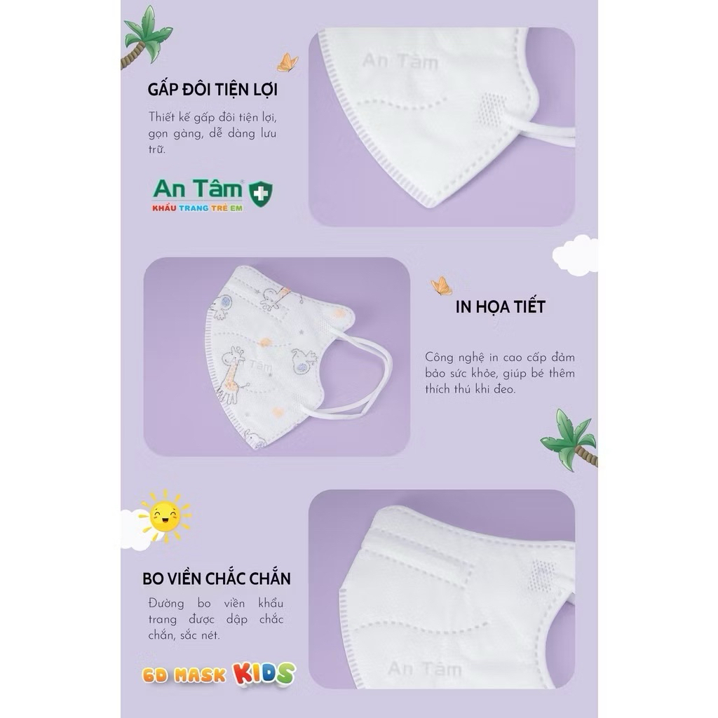 Khẩu trang 6D Kids An Tâm, 4 lớp kháng khuẩn dày dặn, đa dạng họa tiết, bảo vệ tối ưu cho bé - Túi 10 cái