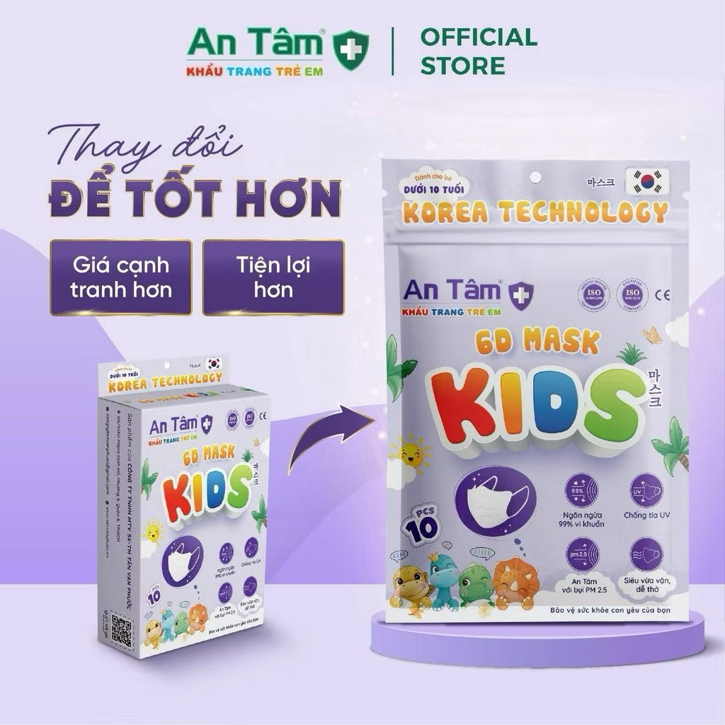 Khẩu trang 6D Kids An Tâm, 4 lớp kháng khuẩn dày dặn, đa dạng họa tiết, bảo vệ tối ưu cho bé - Túi 10 cái
