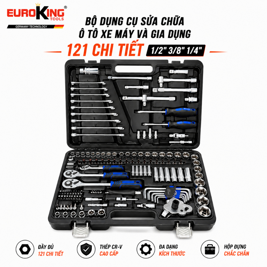 Bộ Dụng Cụ Sửa Chữa Ô Tô Xe Máy Đa Năng EUROKING Tools 121 Chi Tiết Thép Cr-V Cao Cấp