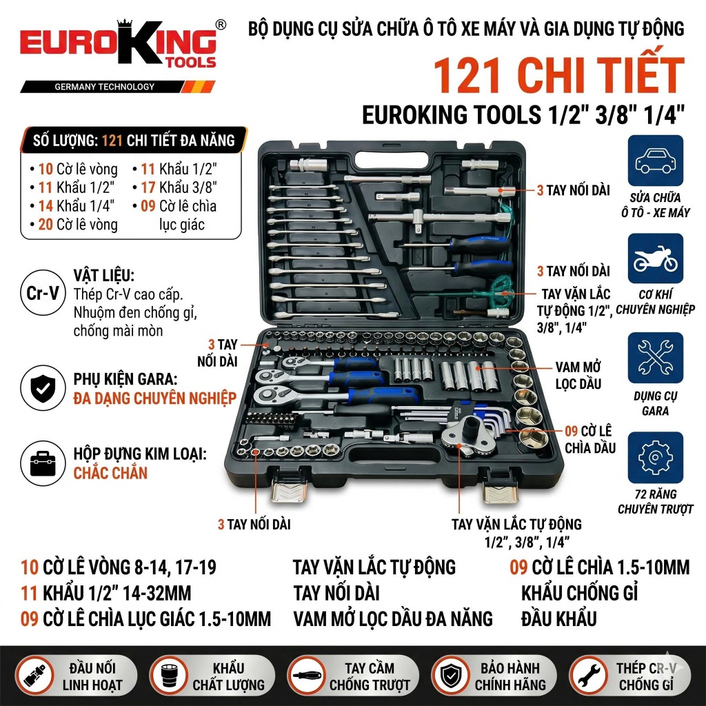 Bộ Dụng Cụ Sửa Chữa Ô Tô Xe Máy Đa Năng EUROKING Tools 121 Chi Tiết Thép Cr-V Cao Cấp