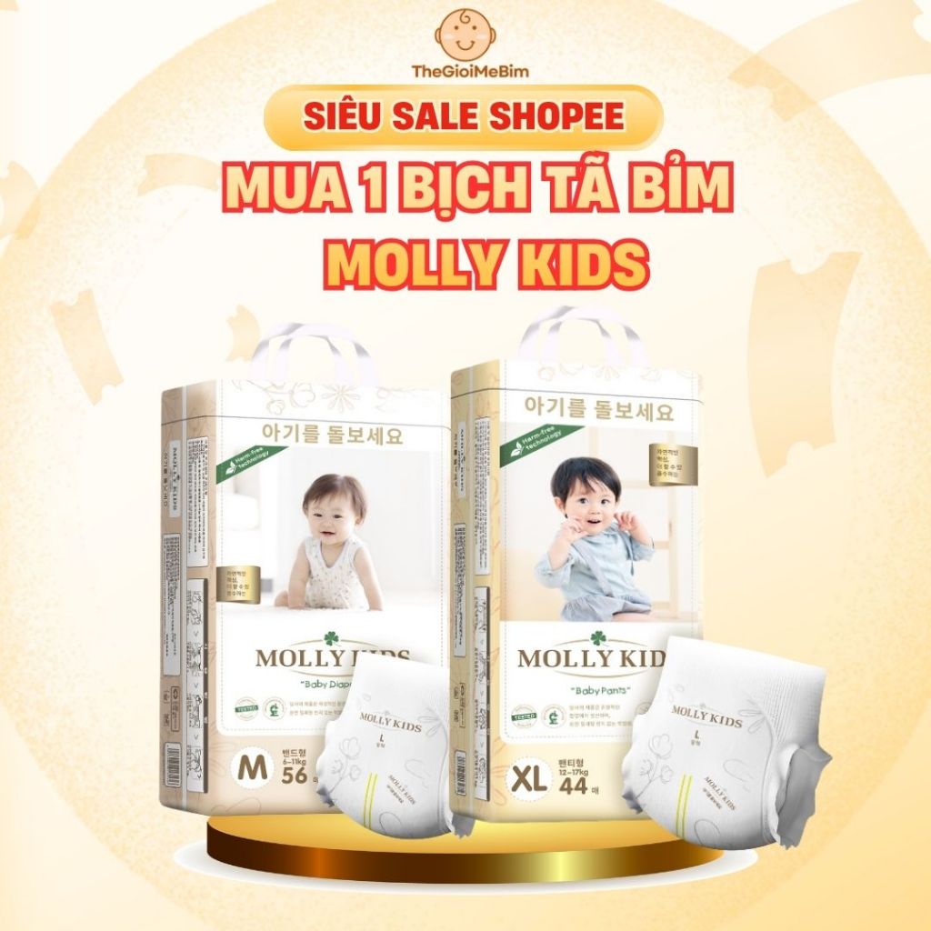 [ Không Quà ] 1 Bịch Tã/Bỉm Dán và Quần Molly Kids Bỉm Siêu Mỏng Nhẹ, Đủ Size Cho Bé Từ NB-3XL