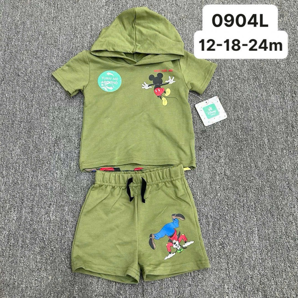Bộ hè bé trai 12-24m (9-14kg) 0904L áo cộc tay có mũ + quần short set xuất dư cotton mềm mát