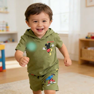 Bộ hè bé trai 12-24m (9-14kg) 0904L áo cộc tay có mũ + quần short set xuất dư cotton mềm mát