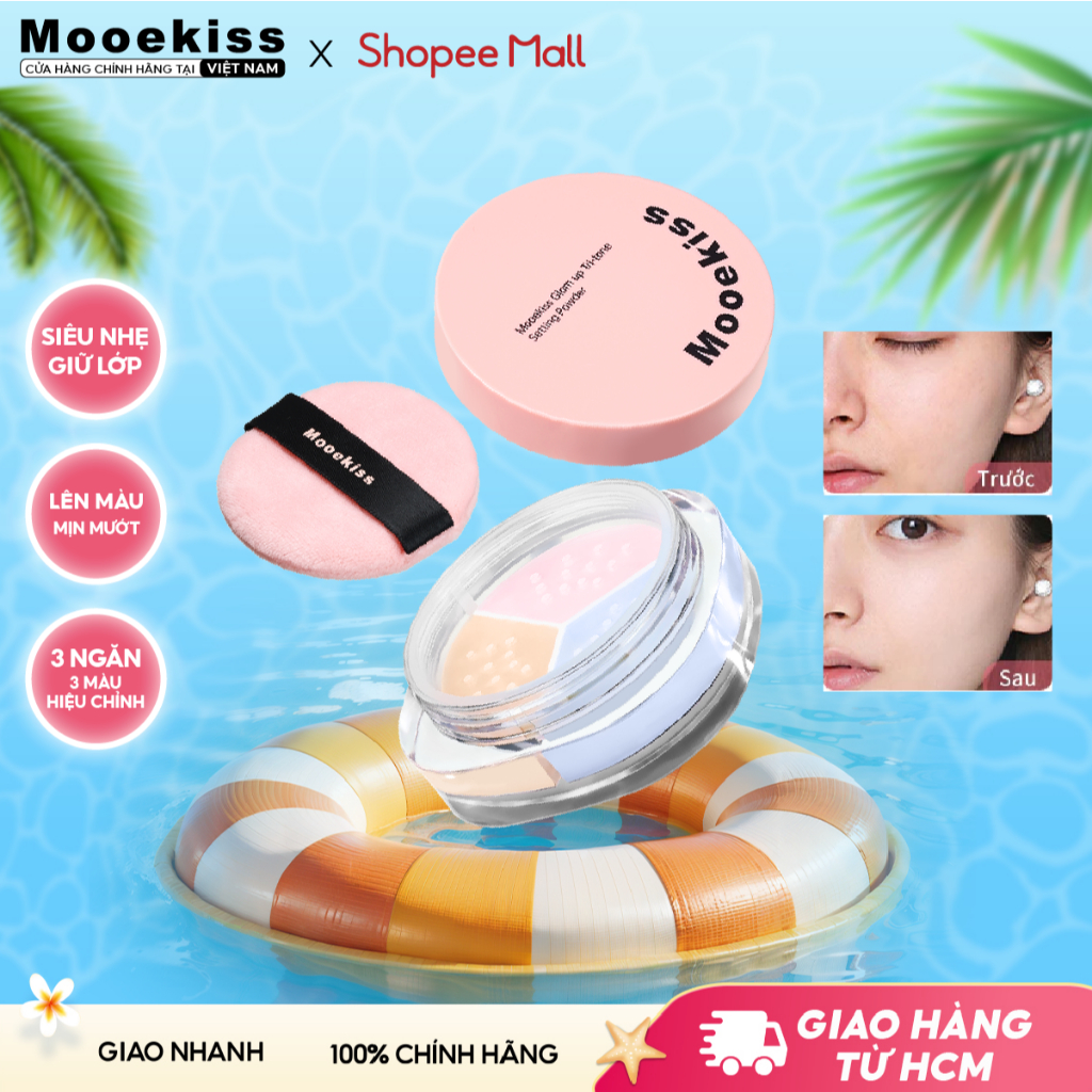 Phấn phủ Mooekiss Loose Powder Ba màu Chống nước chống mồ hôi kiểm soát dầu lâu trôi phấn mịn 01 7.5g
