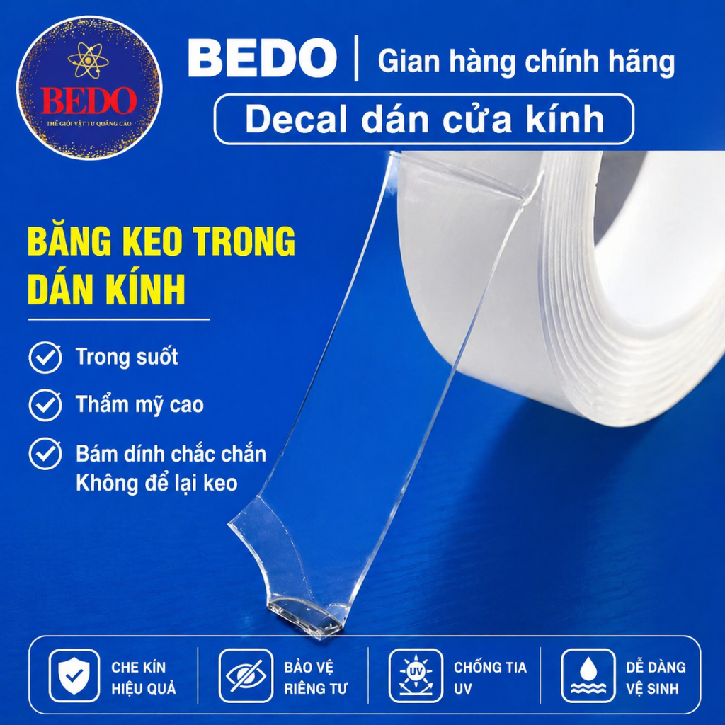 Băng Dính Trong Suốt 2 Mặt BEDO Keo Nano Bản 2cm Cuộn 3m Siêu Dính Dán Đa Năng Không Lộ Keo
