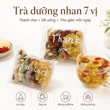 Trà dưỡng nhan 7 vị bao gồm: Long nhãn, táo đỏ, kỷ tử, hoa hồng, hoa cúc, hoa nhài, cỏ ngọt giúp An Thần, Đẹp Da