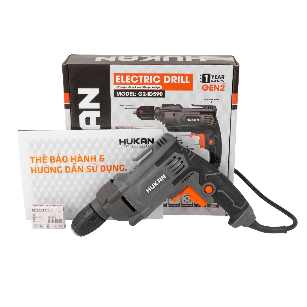 Máy Khoan Điện HUKAN G2-ID590| Đầu 10mm,  Công Suất 590W, Dây Dài 3M, Khoan Gỗ, Khoan Tường, Khoan Sắt, Bắt Vít