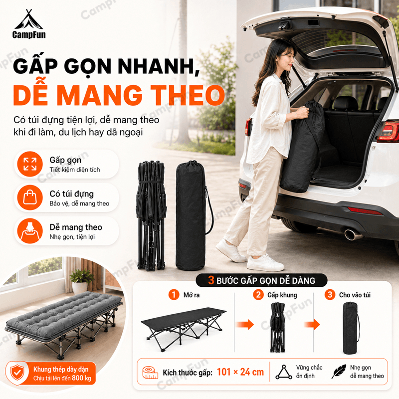 Ghế Nằm Gấp Gọn 178/190CM Có Nệm Êm Ái, Vải Oxford Cao Cấp Chịu Tải 800kg Kèm Túi Đựng Cho Văn Phòng Cắm Trại Dã Ngoại