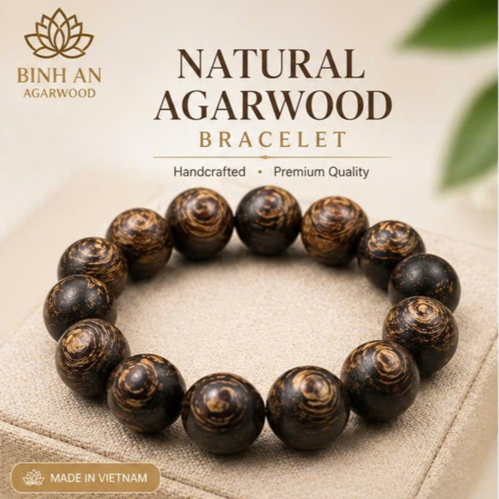 Natural Vietnamese Agarwood Bracelet 14mm | High Oil Beads | Handcrafted | Unisex Premium Wood