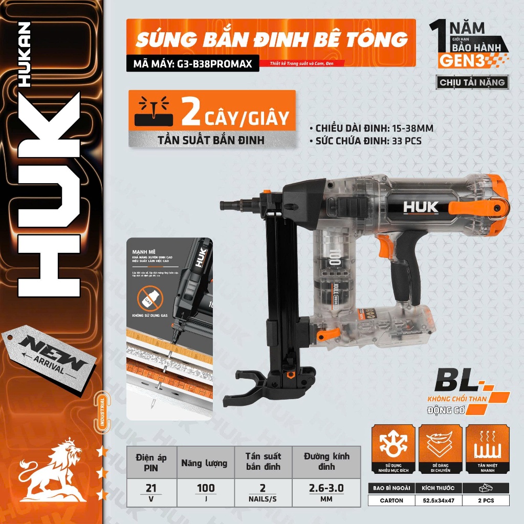 Thân Súng Bắn Đinh Pin 21V HUKAN G3-B38PROMAX Gen3 | 100J | Động Cơ Không Chổi Than | Bắn Đinh 15–38mm