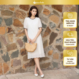 SWANLAKE | Váy Đầm Nữ Midi Vải Cotton Thêu Đục Lỗ Cổ Tròn Tay Ngắn Phồng Công Sở Dạo Phố D13482
