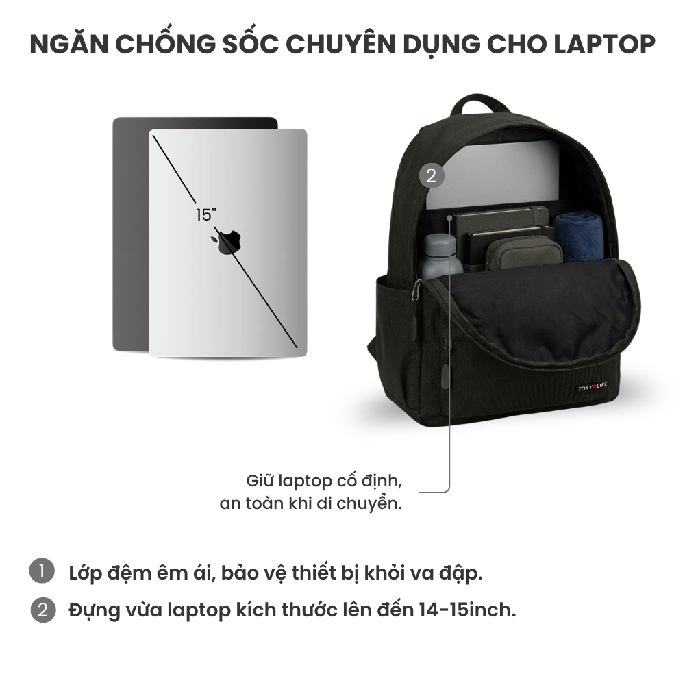 Balo chống nước TOKYOLIFE nhiều màu thiết kế basic nhiều ngăn siêu nhẹ chất liệu cao cấp 40001931
