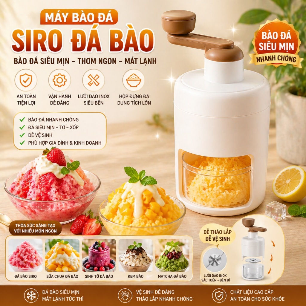Máy Bào Đá Mini Xay Đá Tuyết Quay Bằng Tay Đa Năng Cho Gia Đình