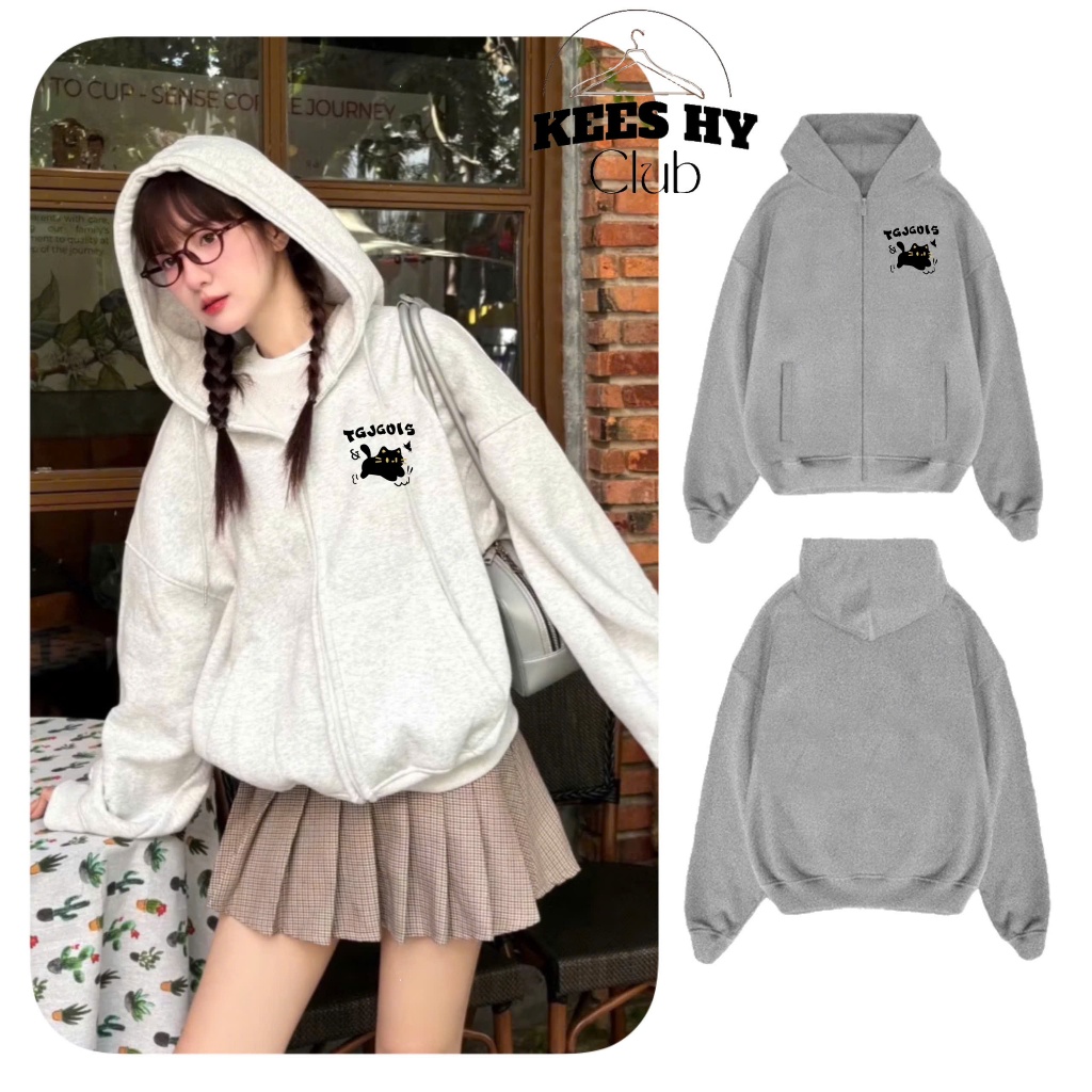 Áo khoác Hoodie Zip Nữ Có Khóa Kéo In Mèo TOJOJIG Cute Dáng rộng Chất Nỉ Bông Hàng Chuẩn Đẹp
