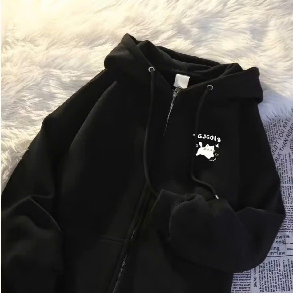 Áo khoác Hoodie Zip Nữ Có Khóa Kéo In Mèo TOJOJIG Cute Dáng rộng Chất Nỉ Bông Hàng Chuẩn Đẹp