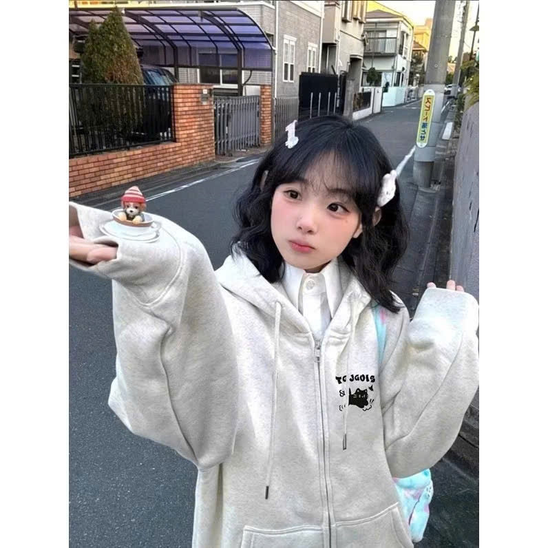 Áo khoác Hoodie Zip Nữ Có Khóa Kéo In Mèo TOJOJIG Cute Dáng rộng Chất Nỉ Bông Hàng Chuẩn Đẹp