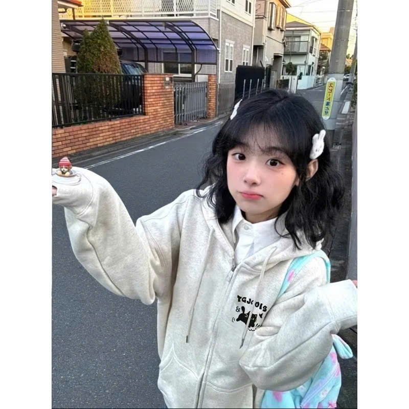 Áo khoác Hoodie Zip Nữ Có Khóa Kéo In Mèo TOJOJIG Cute Dáng rộng Chất Nỉ Bông Hàng Chuẩn Đẹp
