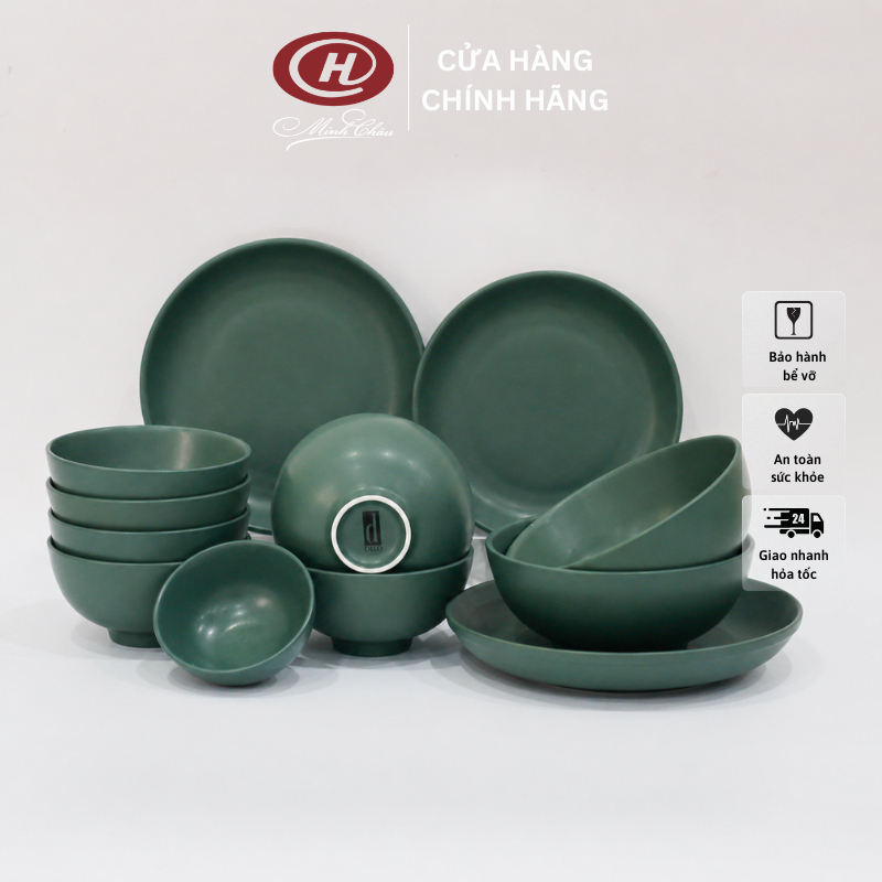 Bộ Bát Đĩa 12 Món Men Lì Xanh Cổ Vịt - Sứ Dílo