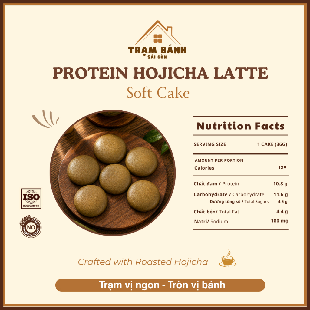 Bánh Protein Hojicha Latte – Nhẹ Vị Trà Rang, Mềm Thơm, Ít Ngọt