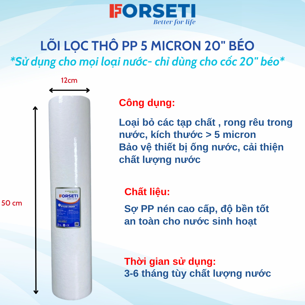 Lõi Lọc FORSETI 20 Inch Béo Đầu Nguồn PP5 Lọc Hiệu Quả Bụi Bẩn Trên 5 Micromet