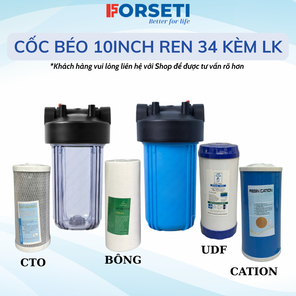 Bộ Lọc 10 Inch Béo FORSETI Ren 34 Đầy Đủ Phụ Kiện Kèm Gông Tháo, Giá Treo